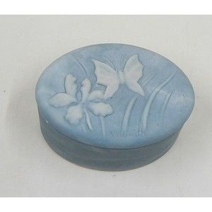 Incolay Blue Stone Marble Oval Trinket Jewelry Box Butterfly Iris Signed Nemeth